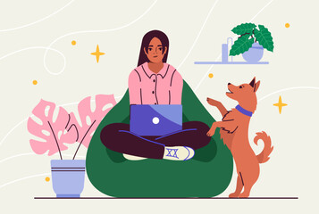 Poster - woman work from home. young girl sitting with laptop at green beanbag near dog. owner with online ea