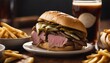 A classic French dip sandwich with thin slices of succulent roast beef piled high on a French roll
