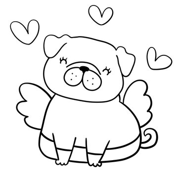 A cartoon pug dog wearing a striped sweater and hearts. The dog is sitting on a green lawn, and it is smiling and wagging its tail. 