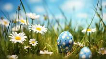 Easter Eggs In Grass, Decorated Easter Eggs In The Grass With Daisies. Copy Space Middle On Background, Ai Generated Image