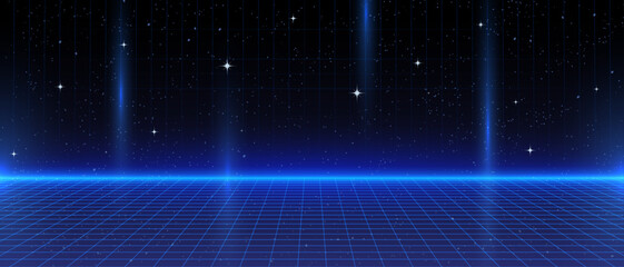 Poster - 80s Retro Sci-Fi Background Futuristic Grid landscape. Digital cyber surface style of the 1980`s. Double infinite grid and lights forward. Synthwave wireframe net illustration. 80s, 90s cyber grid