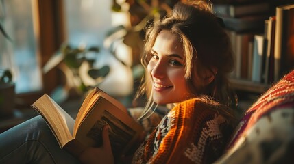 A photo of a lovely woman reading books in her home room, Generative AI.