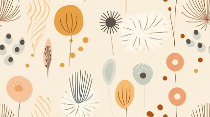 Wall Mural - seamless pattern. Groovy flowers, hippie aesthetic.Seamless vintage retro pattern with flowers, leaves, twigs and other elements of nature in light beige shades.Psychedelic wallpaper. 