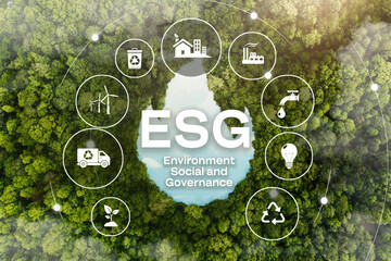 ESG concept. View of green forest trees .ESG environmental social governance investment business concept. ESG icons. Business investment strategy concept