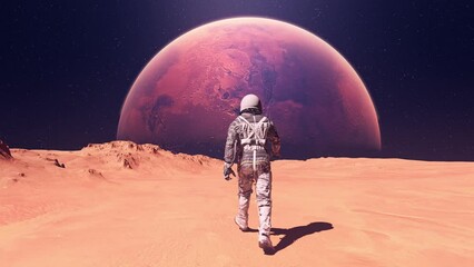 Wall Mural - astronaut walking on the surface of another planet