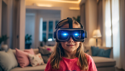 Wall Mural - girl wearing virtual reality glasses at home