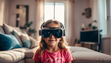 Wall Mural - girl wearing virtual reality glasses at home gaming