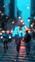 Poster - AI neural network visualization over cityscape, vibrant lights, technology in urban life