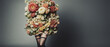 primo piano ritratto artistico di donna avvolta in un grande bouquet di fiori colorati, sfondo con luce diffusa