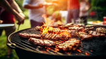 Barbecue Party. BBQ With People In The Background, Grilled Steak And Grilled Meat