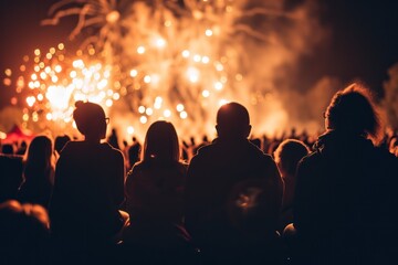Poster - Silhouetted crowd watching a fiery golden fireworks display on a festive night