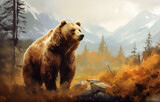 Fototapeta  - Brown bear standing on a rock on background of mountains
