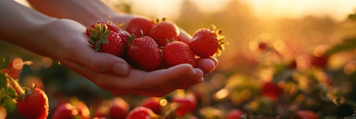 Poster - Hand cradling fresh strawberries in a field, symbolizing care and the bounty of summer harvests