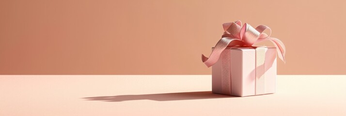 Poster - Minimalist pink gift box with polka dot ribbon against a soft pink background