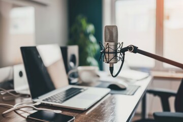 Aufkleber - Podcast recording setup with microphone, laptop, and smartphone on a wooden desk