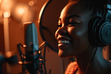 Leinwandbilder - Close-up of female african american podcaster recording in a studio with professional equipment