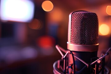 Aufkleber - Studio microphone close-up with warm bokeh lights, capturing the essence of podcast recording