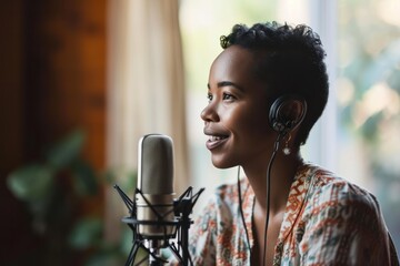 Aufkleber - Smiling African American female podcaster with headphones in natural light-filled recording setup