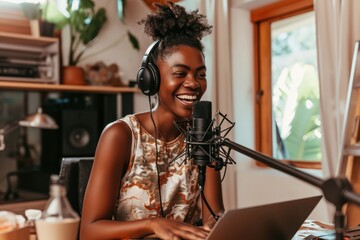 Poster - African American female podcaster laughing while recording in a cozy home studio setup