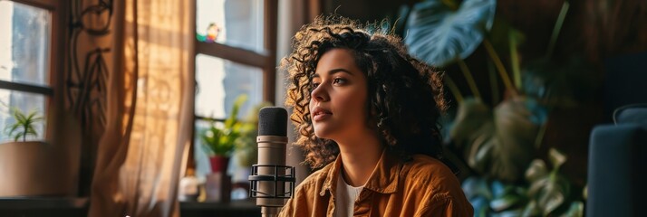 Wall Mural - Focused woman recording a podcast with a professional microphone, natural light from a window,