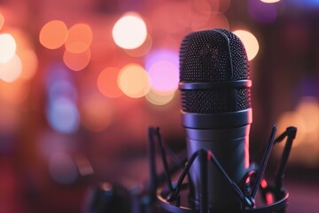 Poster - Microphone against a bokeh light backdrop, highlighting podcast recording ambiance in studio.