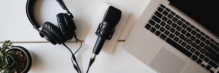 Wall Mural - Sleek podcasting setup with microphone and headphones , minimalist workspace for vocal recording