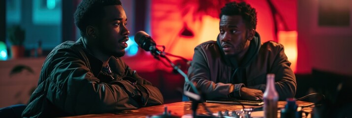 Aufkleber - podcast recording session featuring two African American men in studio ambient lighting equipment