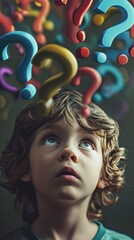 Poster - child gazes up, surrounded by swirl of colorful question marks, childhood curiosity imagination