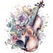 Watercolor Violin with lush flowers and foliage. Pastel lilac floral arrangement illustration isolated with a transparent background. Blossom musical instruments design. 