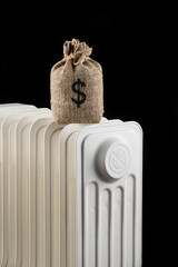 Wall Mural - Electric battery for heating a room and a money bag with a US dollar symbol