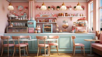 Pink and blue pastel bakery interior