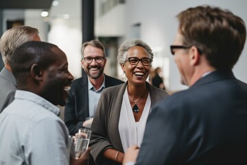 Group of diverse business professionals laughing and talking at a networking event