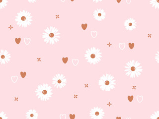 Poster - Seamless pattern with daisy flower and gold hearts on pink background vector illustration.