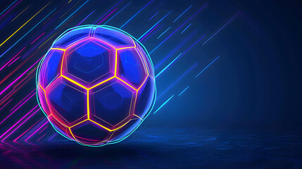 Poster - Abstract glowing neon colored soccer ball over blue background