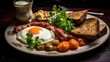 Traditional Irish breakfast on large plate on wooden table. Eggs, bacon, toast