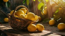 Golden Purity, A Kaleidoscope Of Sun-Kissed Lemons Nestled Upon An Earthy Wooden Tapestry