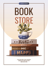 Wall Mural - Flyer design with Stack of books and potted plant. Bookstore, bookshop, book lover, reading, interior concept. Vector illustration for banner, promo, poster.