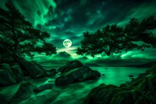 Intimate View Of Vibrant Emerald Clouds Illuminated By The Soft Glow Of Moonlight, Creating A Mystical And Enchanting Nocturnal Scene.