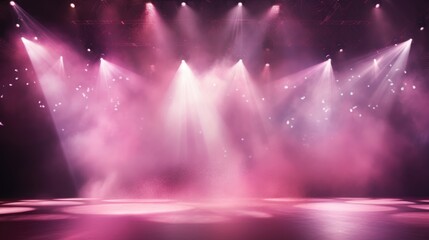 Wall Mural - Empty stage. Pink spotlights through smoke and sparkles. Stage for performance