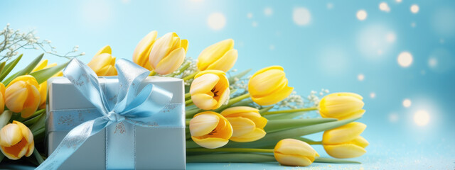 Sticker - Bright yellow tulips and elegantly wrapped gifts adorned with blue and golden ribbons against a soft blue background with light bokeh and golden glitter on the surface.