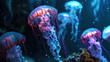 General underwater miracles: bright jellyfish, as if fairies glowing in dark water