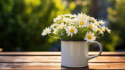 Canvas Print - Rustic white enamel mug filled with fresh white daisies on a wooden table with a soft-focus green garden background.