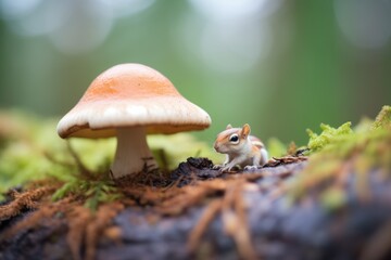Sticker - chipmunk climbing with mushroom cap towards burrow