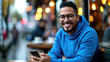 © MP Studio - Man with a beard and glasses wearing a blue hoodie, sitting at an outdoor table of a cafe, smiling at the camera while holding a smartphone in his hands.