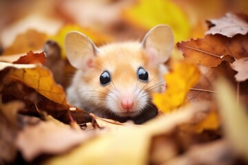 Wall Mural - dormouse peeking from a pile of autumn leaves