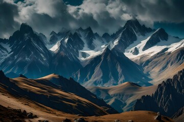 Wall Mural - A panoramic view of a mountain range, with layers of peaks fading into the distant horizon.