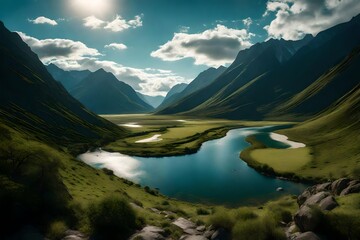 Wall Mural - A tranquil valley with a meandering river, surrounded by towering mountains in the distance.