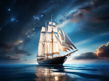 A Sailing Boat Under The Dark Blue Sky Decorated In The Dark Of Night. Ai Generated