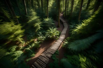 Wall Mural - A top view of a hiking trail through a dense forest, offering a serene space for a message inspired by nature.