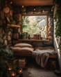 An image of a reading nook with a natural wood bench and plenty of soft cushions and blankets. The nook is positioned near a fireplace and surrounded by plenty of plants and natural elements like r